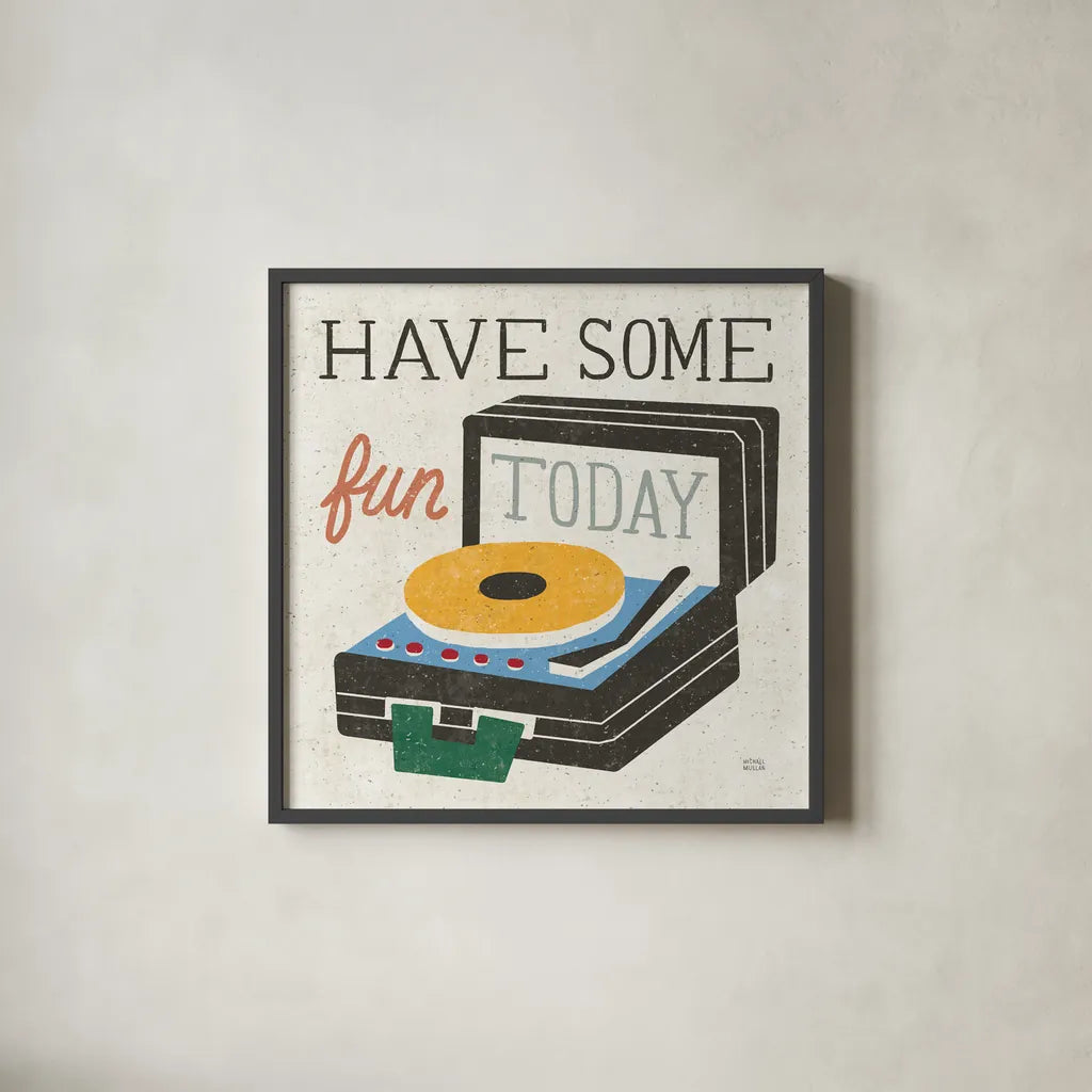 Retro Desktop Record Player v2 by Michael Mullan. Shown in a sleek black glass frame for a contemporary gallery look. Available as an archival giclee rolled canvas, fine art paper, or poster print. SKU 60986a.