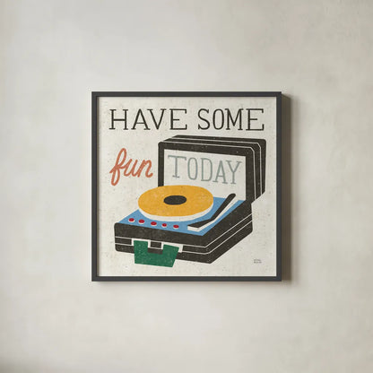 Retro Desktop Record Player v2 by Michael Mullan. Shown in a sleek black glass frame for a contemporary gallery look. Available as an archival giclee rolled canvas, fine art paper, or poster print. SKU 60986a.