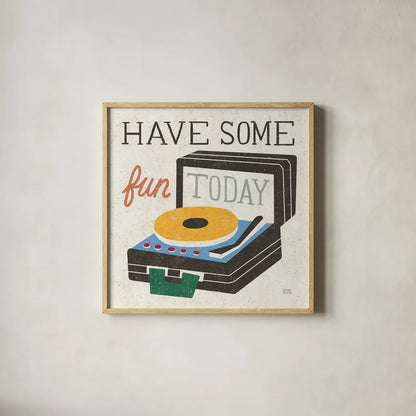 Retro Desktop Record Player v2 by Michael Mullan. Shown in a natural wood glass frame for a timeless modern aesthetic. Available as an archival giclee rolled canvas, fine art paper, or poster print. SKU 60986a.