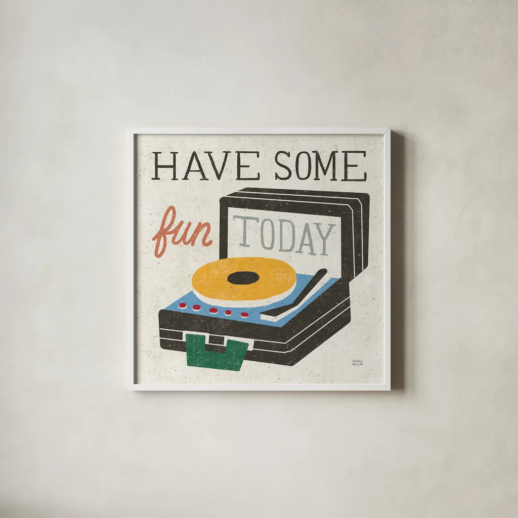 Retro Desktop Record Player v2 by Michael Mullan. Shown in a crisp white glass frame for a clean and minimalist style. Available as an archival giclee rolled canvas, fine art paper, or poster print. SKU 60986a.