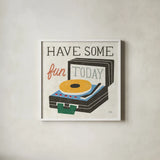 Retro Desktop Record Player v2 by Michael Mullan. Shown in a crisp white glass frame for a clean and minimalist style. Available as an archival giclee rolled canvas, fine art paper, or poster print. SKU 60986a.