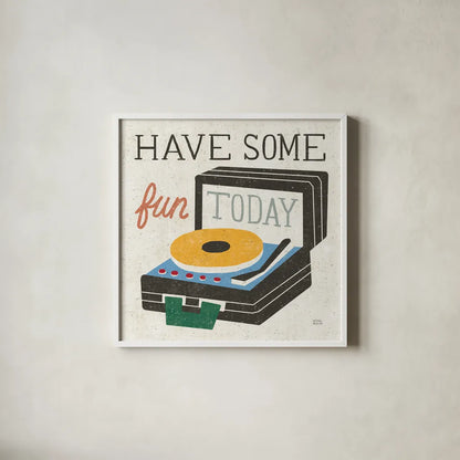 Retro Desktop Record Player v2 by Michael Mullan. Shown in a crisp white glass frame for a clean and minimalist style. Available as an archival giclee rolled canvas, fine art paper, or poster print. SKU 60986a.