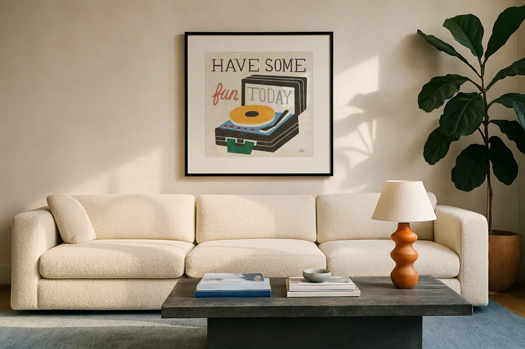 Retro Desktop Record Player v2 by Michael Mullan. Displayed in a glass frame with matte in a clean modern living room. Available as an archival giclee rolled canvas, fine art paper, or poster print. SKU 60986a.