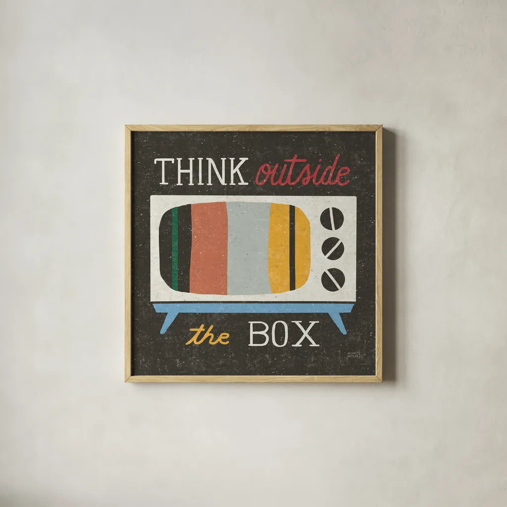 Retro Desktop Television v2 by Michael Mullan. Shown in a natural wood glass frame for a timeless modern aesthetic. Available as an archival giclee rolled canvas, fine art paper, or poster print. SKU 60987a.