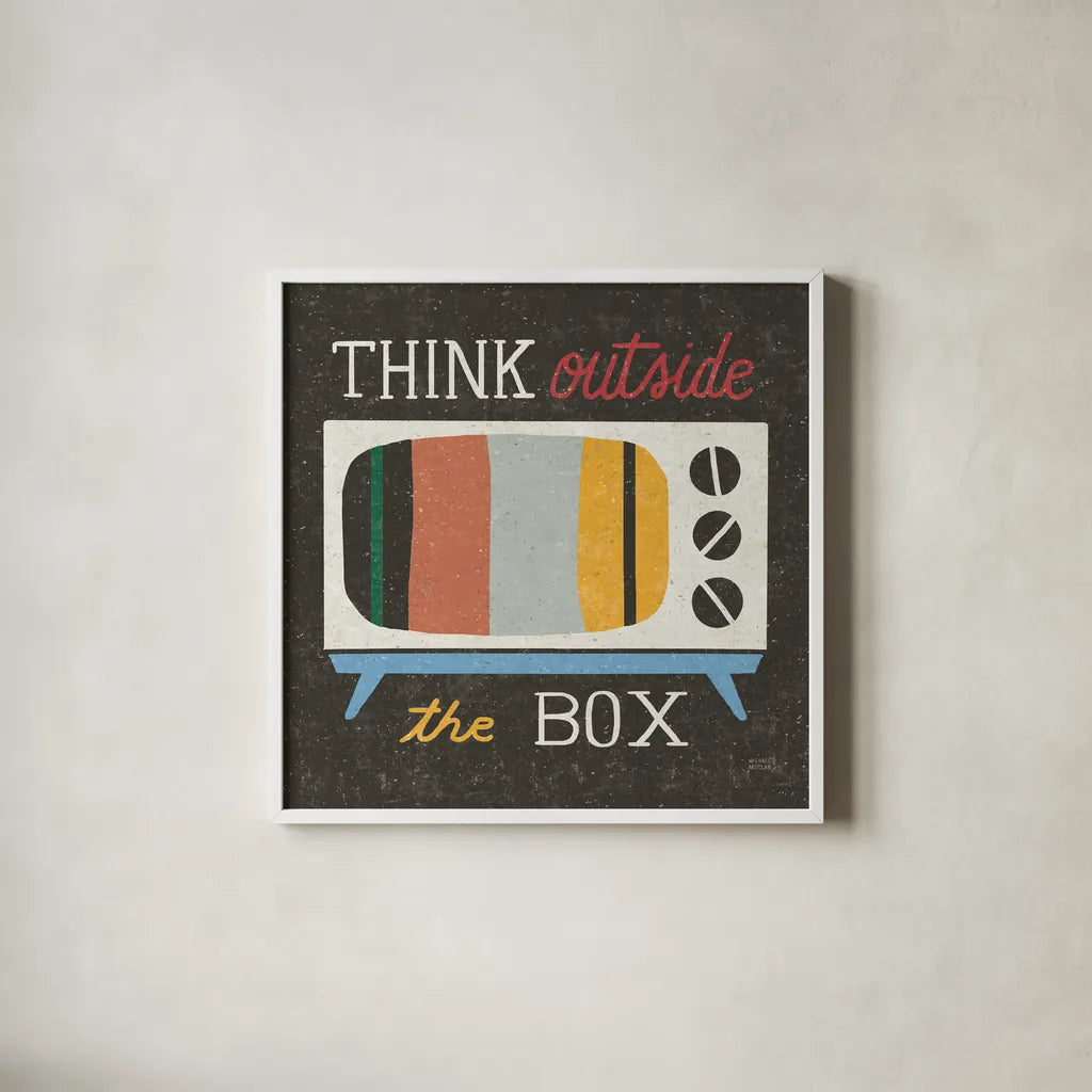 Retro Desktop Television v2 by Michael Mullan. Shown in a crisp white glass frame for a clean and minimalist style. Available as an archival giclee rolled canvas, fine art paper, or poster print. SKU 60987a.