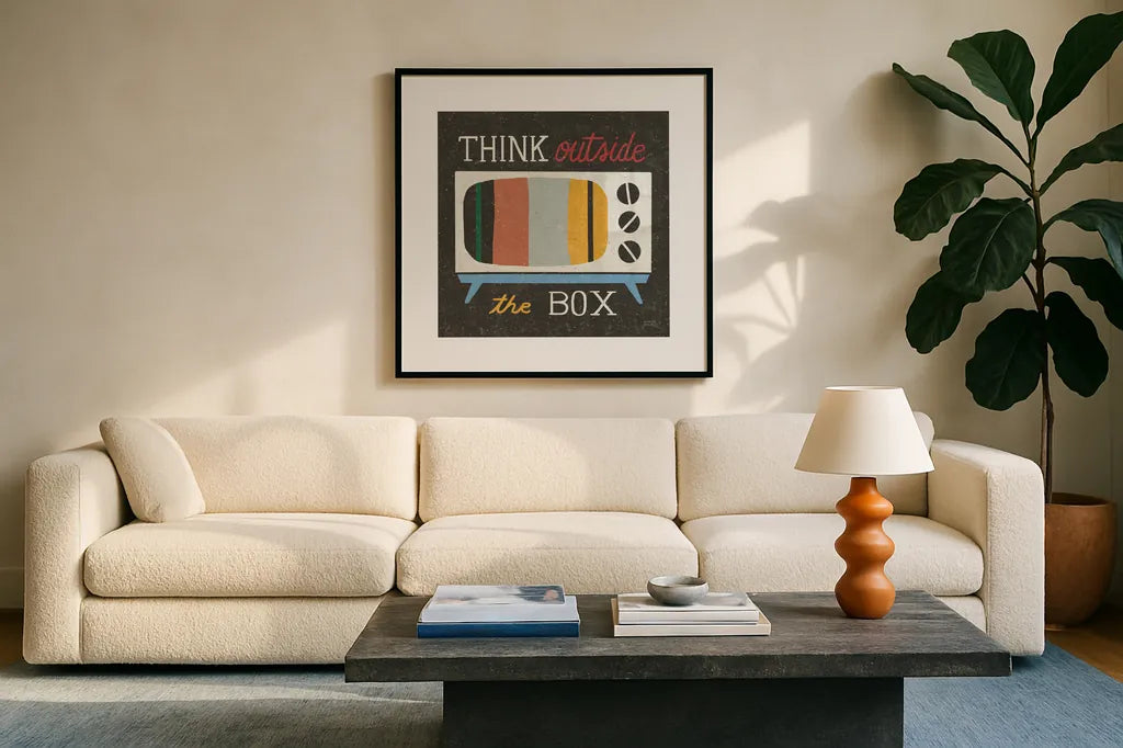 Retro Desktop Television v2 by Michael Mullan. Displayed in a glass frame with matte in a clean modern living room. Available as an archival giclee rolled canvas, fine art paper, or poster print. SKU 60987a.