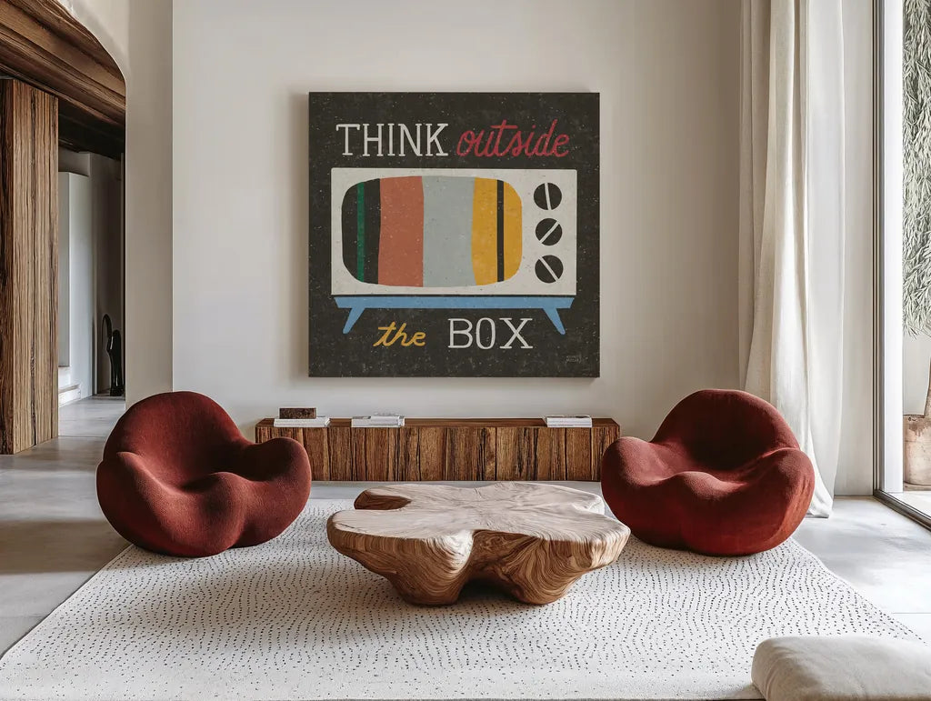 Retro Desktop Television v2 by Michael Mullan. Shown as extra-large giant wall art in a modern living room. Available as an archival giclee rolled canvas, fine art paper, or poster print. SKU 60987a.