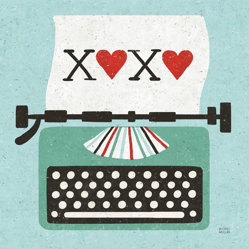 Retro Desktop Typewriter Love by Michael Mullan. SKU 51372a. Archival Giclee Fine art print for wall decor.