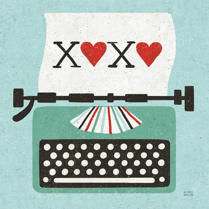 Retro Desktop Typewriter Love by Michael Mullan. SKU 51372a. Archival Giclee Fine art print for wall decor.