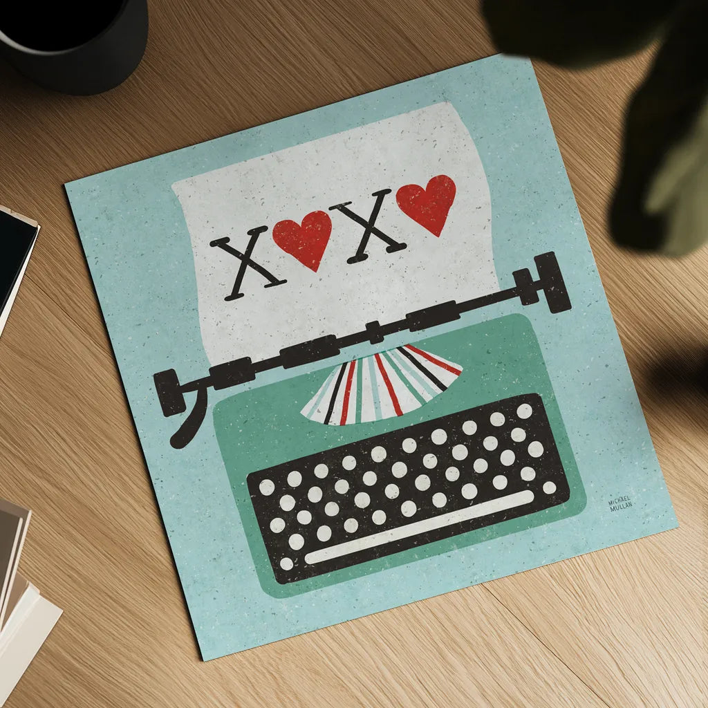Retro Desktop Typewriter Love by Michael Mullan. Shown as a detailed flat fine art print, highlighting archival giclee quality. Available as an archival giclee rolled canvas, fine art paper, or poster print. SKU 51372a.