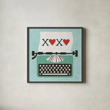 Retro Desktop Typewriter Love by Michael Mullan. Shown in a sleek black glass frame for a contemporary gallery look. Available as an archival giclee rolled canvas, fine art paper, or poster print. SKU 51372a.