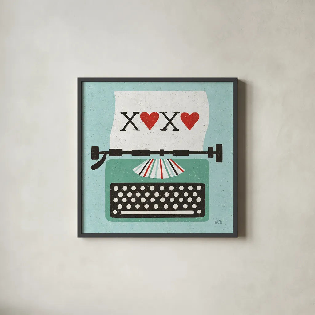 Retro Desktop Typewriter Love by Michael Mullan. Shown in a sleek black glass frame for a contemporary gallery look. Available as an archival giclee rolled canvas, fine art paper, or poster print. SKU 51372a.