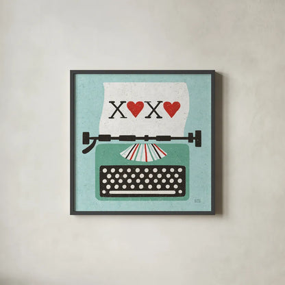 Retro Desktop Typewriter Love by Michael Mullan. Shown in a sleek black glass frame for a contemporary gallery look. Available as an archival giclee rolled canvas, fine art paper, or poster print. SKU 51372a.