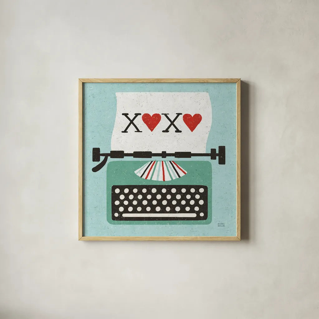 Retro Desktop Typewriter Love by Michael Mullan. Shown in a natural wood glass frame for a timeless modern aesthetic. Available as an archival giclee rolled canvas, fine art paper, or poster print. SKU 51372a.