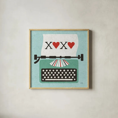 Retro Desktop Typewriter Love by Michael Mullan. Shown in a natural wood glass frame for a timeless modern aesthetic. Available as an archival giclee rolled canvas, fine art paper, or poster print. SKU 51372a.