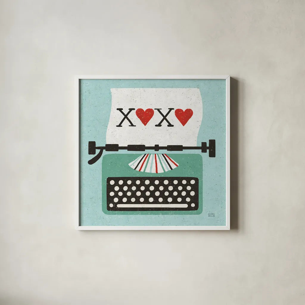 Retro Desktop Typewriter Love by Michael Mullan. Shown in a crisp white glass frame for a clean and minimalist style. Available as an archival giclee rolled canvas, fine art paper, or poster print. SKU 51372a.