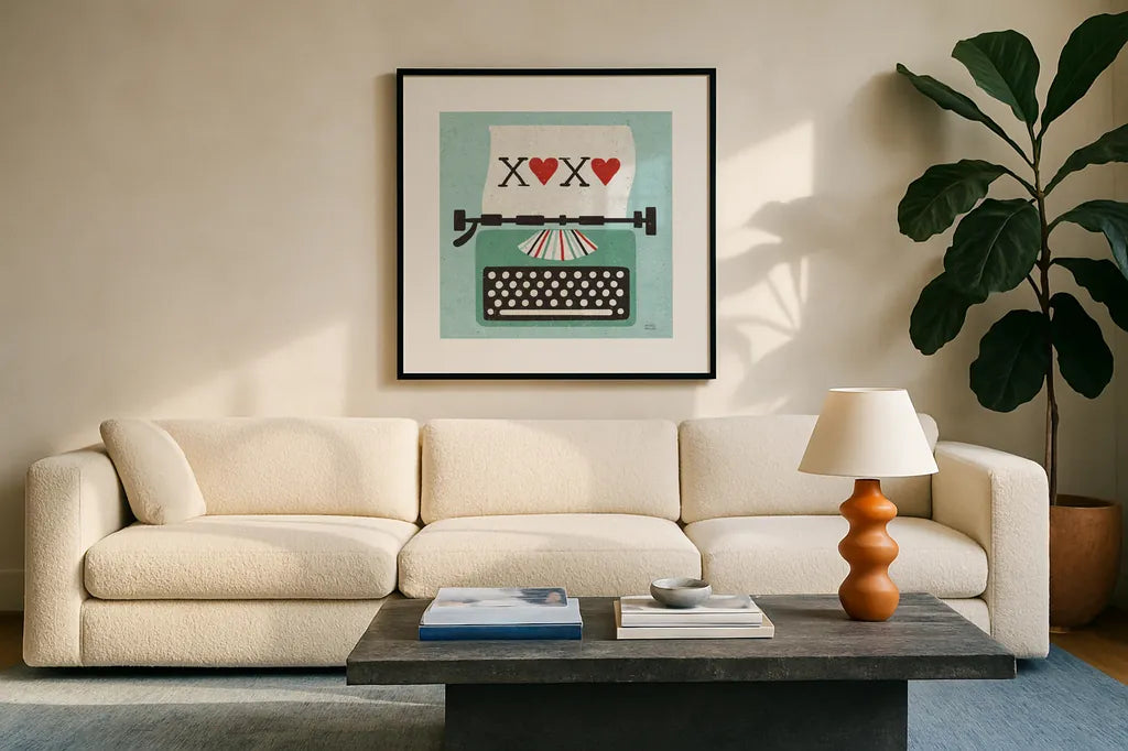 Retro Desktop Typewriter Love by Michael Mullan. Displayed in a glass frame with matte in a clean modern living room. Available as an archival giclee rolled canvas, fine art paper, or poster print. SKU 51372a.