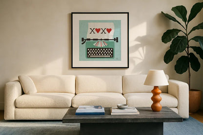 Retro Desktop Typewriter Love by Michael Mullan. Displayed in a glass frame with matte in a clean modern living room. Available as an archival giclee rolled canvas, fine art paper, or poster print. SKU 51372a.