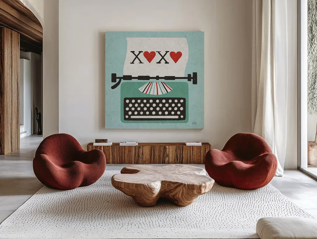 Retro Desktop Typewriter Love by Michael Mullan. Shown as extra-large giant wall art in a modern living room. Available as an archival giclee rolled canvas, fine art paper, or poster print. SKU 51372a.