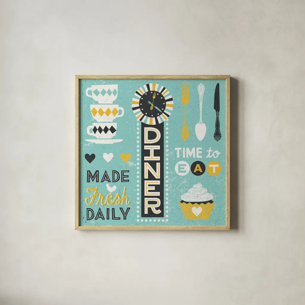 Retro Diner Pattern I by Michael Mullan. Shown in a natural wood glass frame for a timeless modern aesthetic. Available as an archival giclee rolled canvas, fine art paper, or poster print. SKU 18694a.