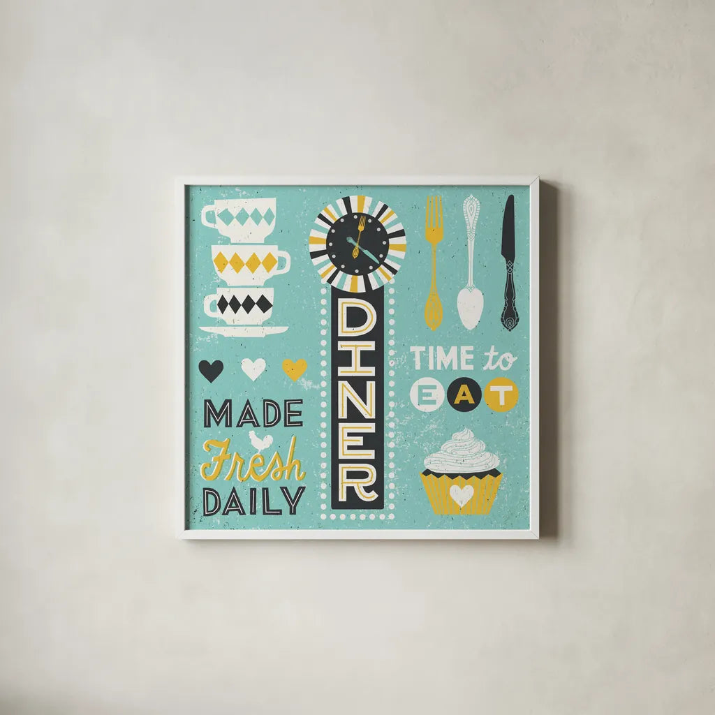 Retro Diner Pattern I by Michael Mullan. Shown in a crisp white glass frame for a clean and minimalist style. Available as an archival giclee rolled canvas, fine art paper, or poster print. SKU 18694a.