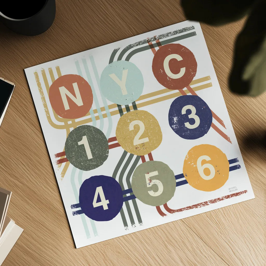 Retro New York CIty Life Subway by Michael Mullan. Shown as a detailed flat fine art print, highlighting archival giclee quality. Available as an archival giclee rolled canvas, fine art paper, or poster print. SKU 59423a.