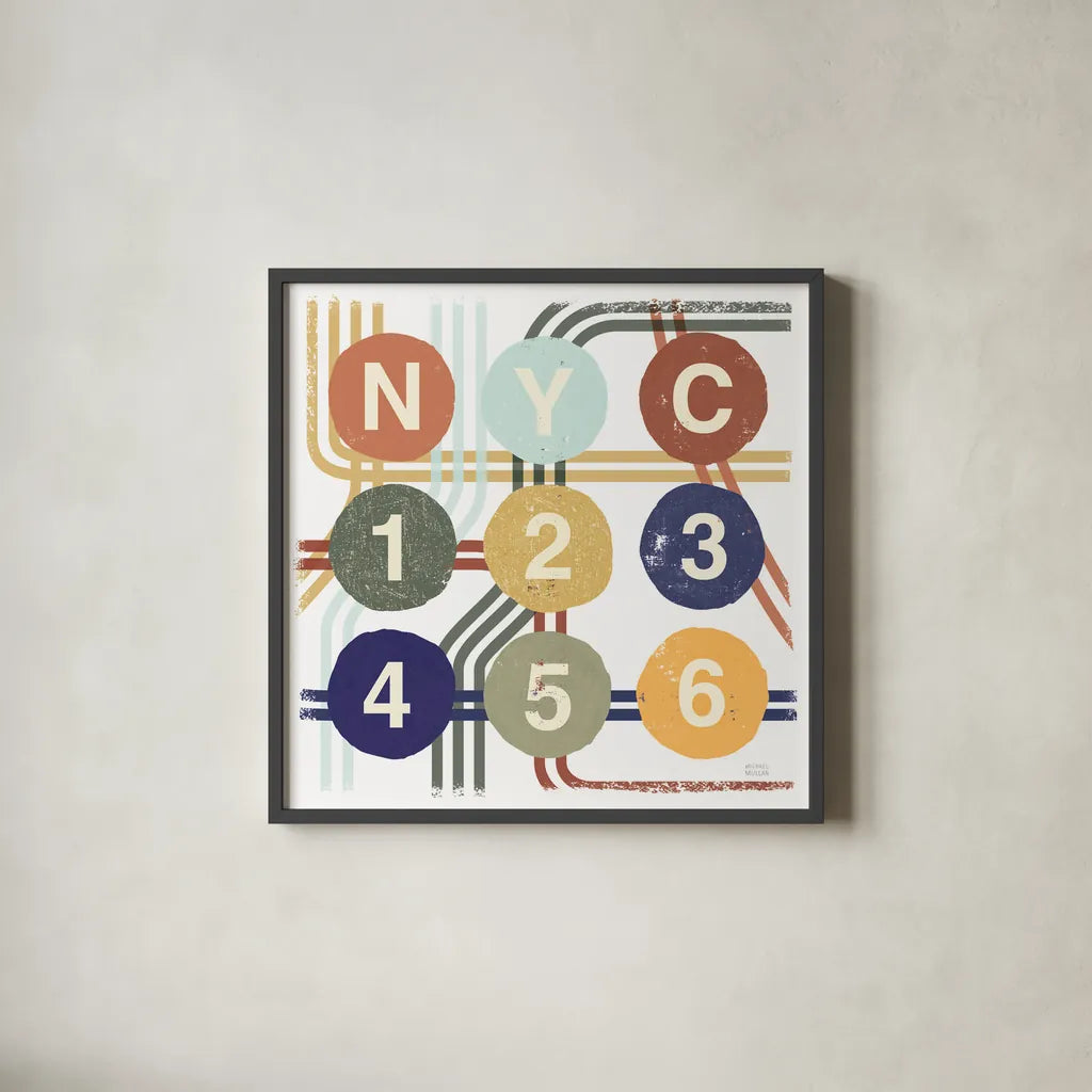 Retro New York CIty Life Subway by Michael Mullan. Shown in a sleek black glass frame for a contemporary gallery look. Available as an archival giclee rolled canvas, fine art paper, or poster print. SKU 59423a.