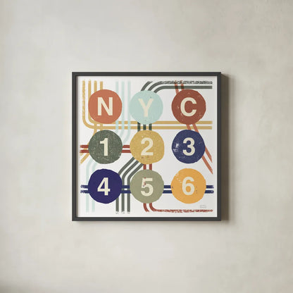 Retro New York CIty Life Subway by Michael Mullan. Shown in a sleek black glass frame for a contemporary gallery look. Available as an archival giclee rolled canvas, fine art paper, or poster print. SKU 59423a.