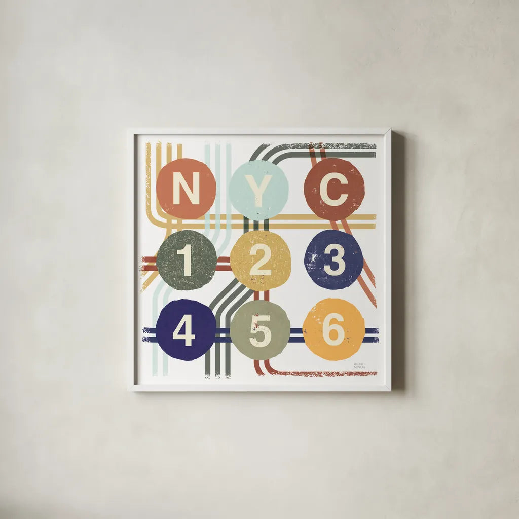 Retro New York CIty Life Subway by Michael Mullan. Shown in a crisp white glass frame for a clean and minimalist style. Available as an archival giclee rolled canvas, fine art paper, or poster print. SKU 59423a.