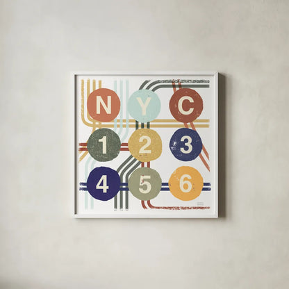 Retro New York CIty Life Subway by Michael Mullan. Shown in a crisp white glass frame for a clean and minimalist style. Available as an archival giclee rolled canvas, fine art paper, or poster print. SKU 59423a.