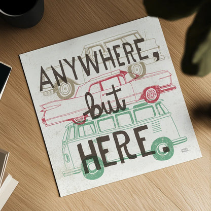 Road Trip Anywhere But Here by Michael Mullan. Shown as a detailed flat fine art print, highlighting archival giclee quality. Available as an archival giclee rolled canvas, fine art paper, or poster print. SKU 19882a.