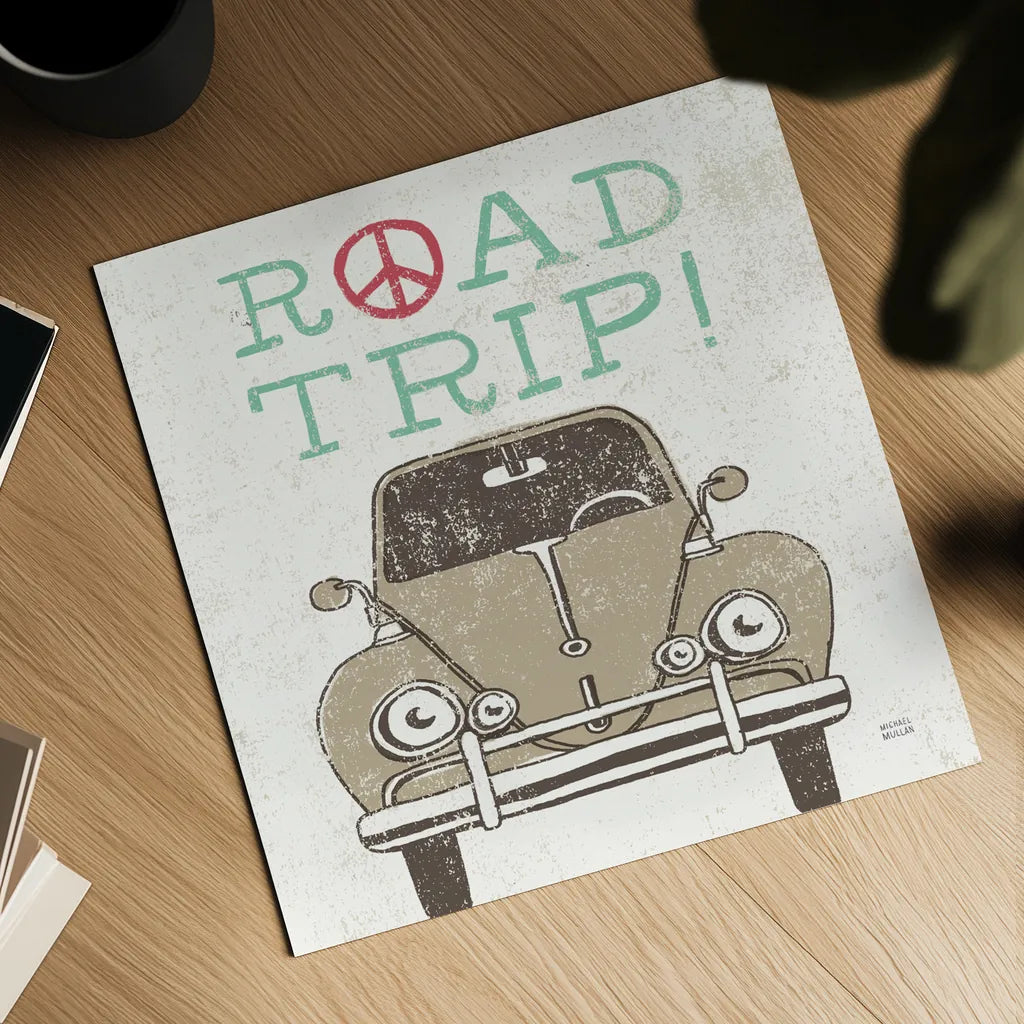 Road Trip Beetle by Michael Mullan. Shown as a detailed flat fine art print, highlighting archival giclee quality. Available as an archival giclee rolled canvas, fine art paper, or poster print. SKU 17669a.