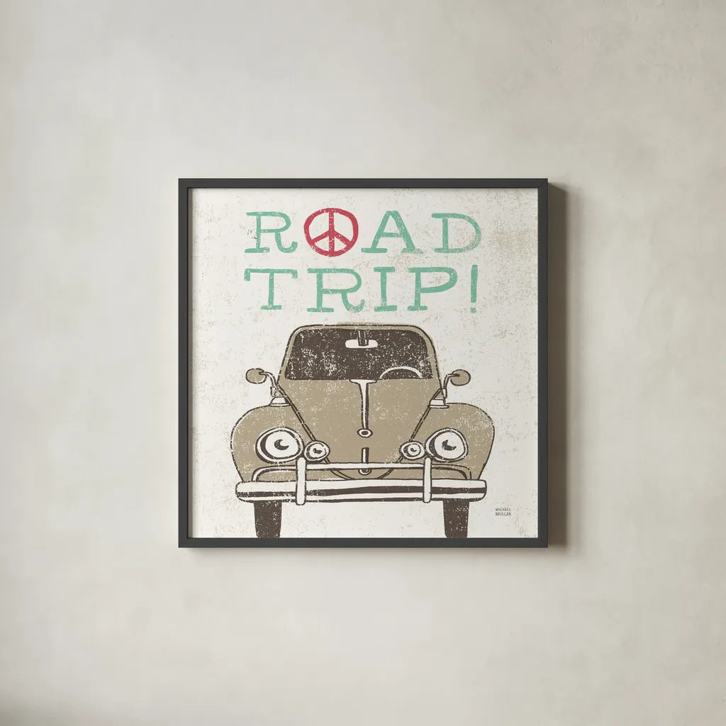 Road Trip Beetle by Michael Mullan. Shown in a sleek black glass frame for a contemporary gallery look. Available as an archival giclee rolled canvas, fine art paper, or poster print. SKU 17669a.