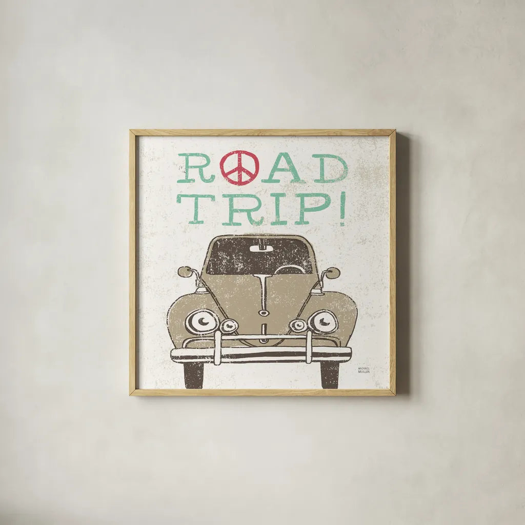 Road Trip Beetle by Michael Mullan. Shown in a natural wood glass frame for a timeless modern aesthetic. Available as an archival giclee rolled canvas, fine art paper, or poster print. SKU 17669a.