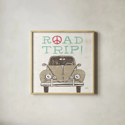 Road Trip Beetle by Michael Mullan. Shown in a natural wood glass frame for a timeless modern aesthetic. Available as an archival giclee rolled canvas, fine art paper, or poster print. SKU 17669a.