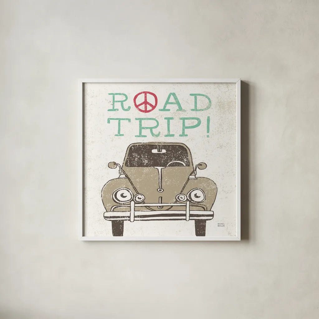 Road Trip Beetle by Michael Mullan. Shown in a crisp white glass frame for a clean and minimalist style. Available as an archival giclee rolled canvas, fine art paper, or poster print. SKU 17669a.