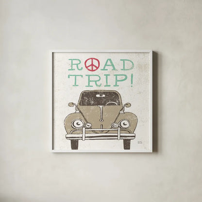 Road Trip Beetle by Michael Mullan. Shown in a crisp white glass frame for a clean and minimalist style. Available as an archival giclee rolled canvas, fine art paper, or poster print. SKU 17669a.