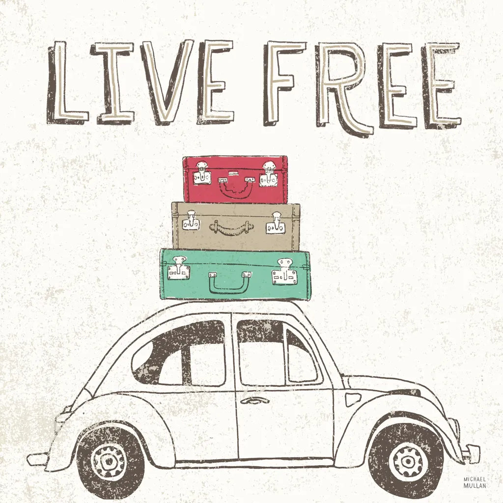 Road Trip Beetle Luggage by Michael Mullan. SKU 17670a. Archival Giclee Fine art print for wall decor.