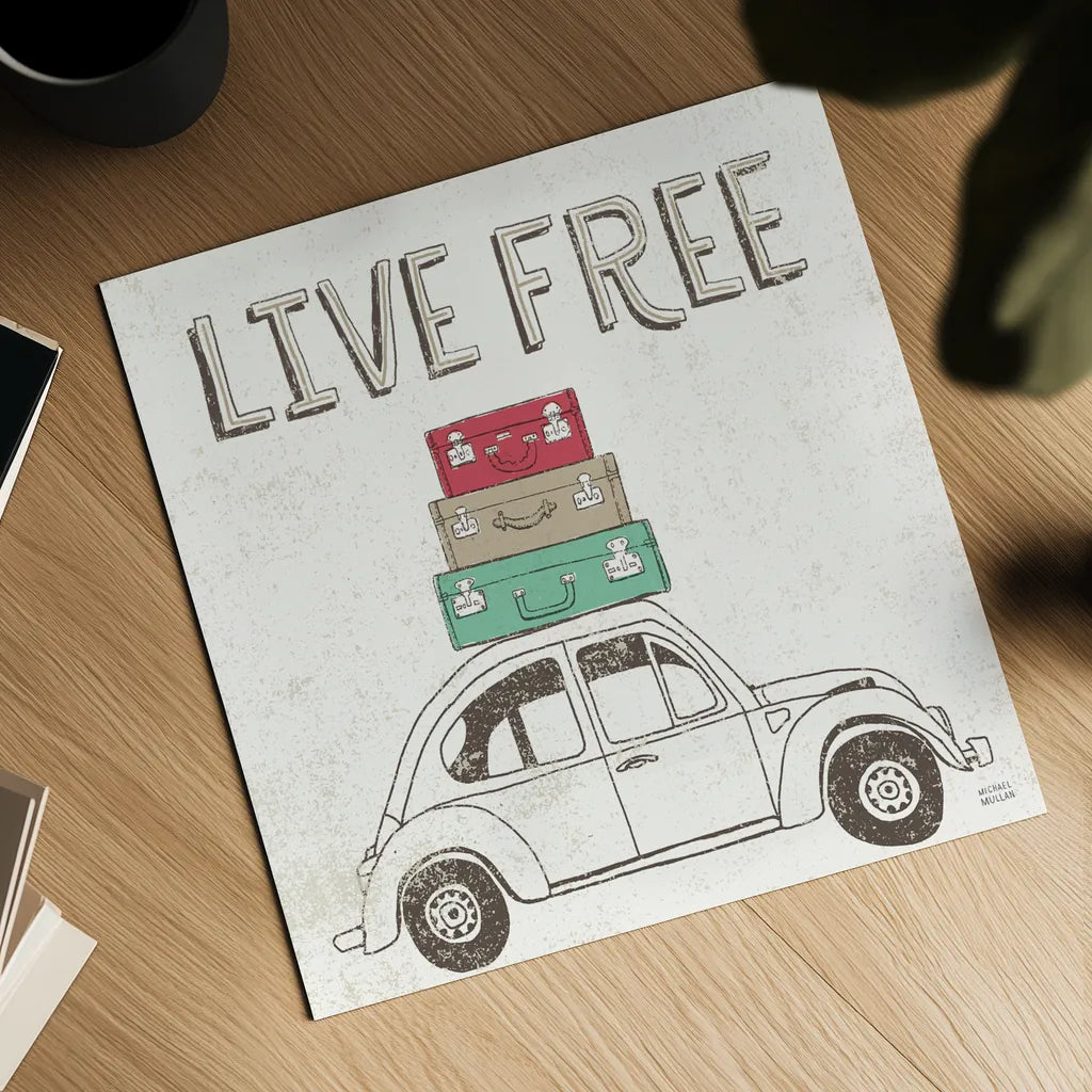 Road Trip Beetle Luggage by Michael Mullan. Shown as a detailed flat fine art print, highlighting archival giclee quality. Available as an archival giclee rolled canvas, fine art paper, or poster print. SKU 17670a.