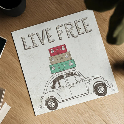 Road Trip Beetle Luggage by Michael Mullan. Shown as a detailed flat fine art print, highlighting archival giclee quality. Available as an archival giclee rolled canvas, fine art paper, or poster print. SKU 17670a.