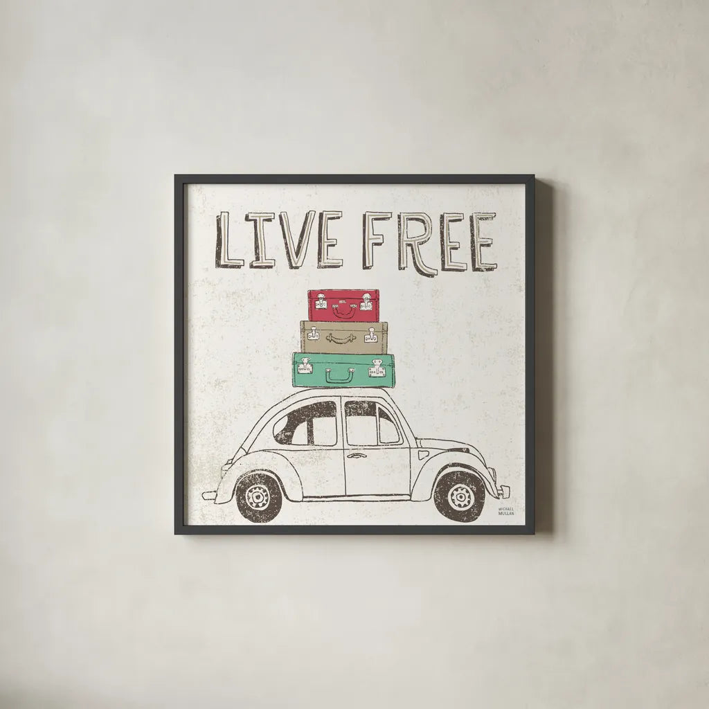 Road Trip Beetle Luggage by Michael Mullan. Shown in a sleek black glass frame for a contemporary gallery look. Available as an archival giclee rolled canvas, fine art paper, or poster print. SKU 17670a.