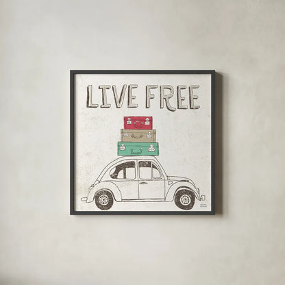 Road Trip Beetle Luggage by Michael Mullan. Shown in a sleek black glass frame for a contemporary gallery look. Available as an archival giclee rolled canvas, fine art paper, or poster print. SKU 17670a.