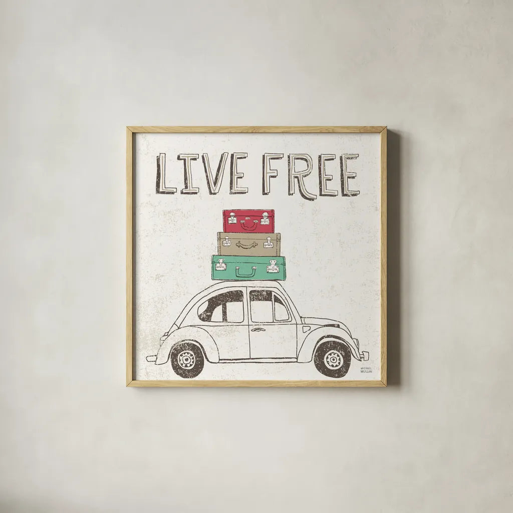 Road Trip Beetle Luggage by Michael Mullan. Shown in a natural wood glass frame for a timeless modern aesthetic. Available as an archival giclee rolled canvas, fine art paper, or poster print. SKU 17670a.