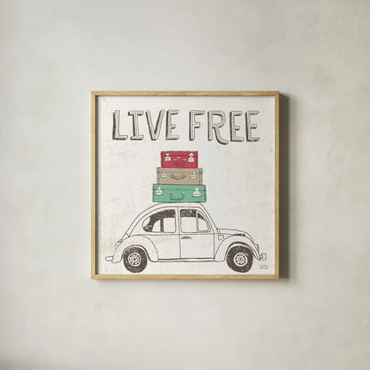 Road Trip Beetle Luggage by Michael Mullan. Shown in a natural wood glass frame for a timeless modern aesthetic. Available as an archival giclee rolled canvas, fine art paper, or poster print. SKU 17670a.