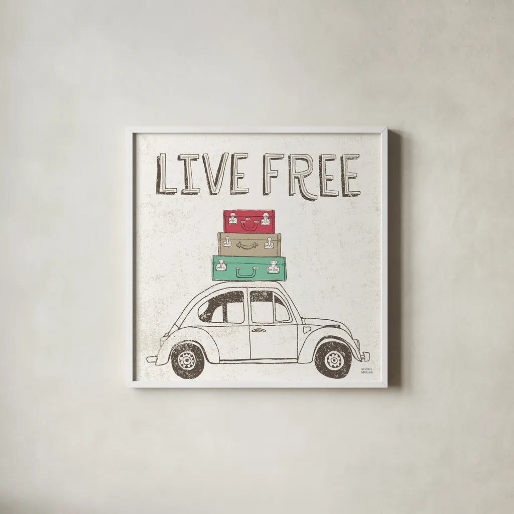 Road Trip Beetle Luggage by Michael Mullan. Shown in a crisp white glass frame for a clean and minimalist style. Available as an archival giclee rolled canvas, fine art paper, or poster print. SKU 17670a.