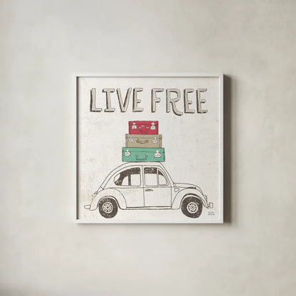 Road Trip Beetle Luggage by Michael Mullan. Shown in a crisp white glass frame for a clean and minimalist style. Available as an archival giclee rolled canvas, fine art paper, or poster print. SKU 17670a.