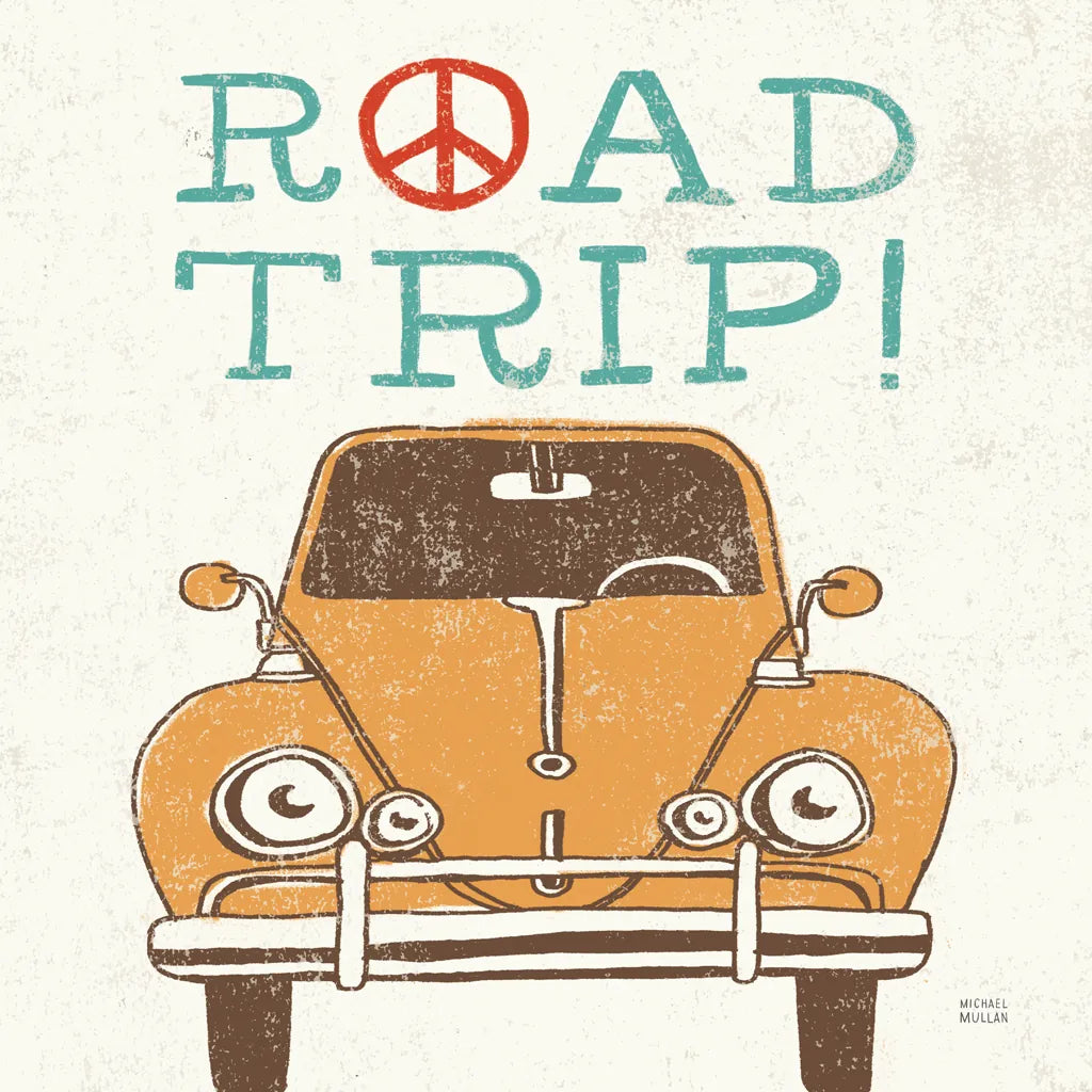 Road Trip Beetle Retro by Michael Mullan. SKU 32587a. Archival Giclee Fine art print for wall decor.