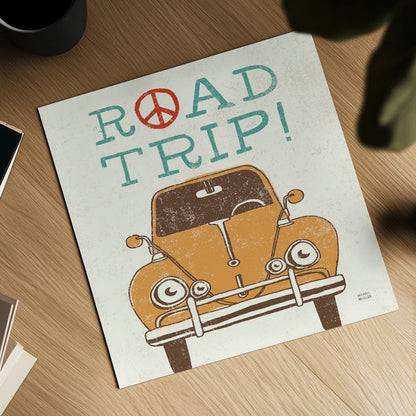 Road Trip Beetle Retro by Michael Mullan. Shown as a detailed flat fine art print, highlighting archival giclee quality. Available as an archival giclee rolled canvas, fine art paper, or poster print. SKU 32587a.