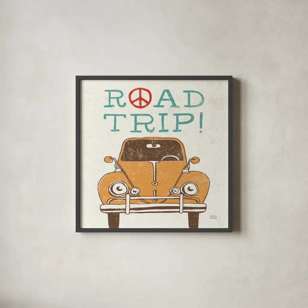 Road Trip Beetle Retro by Michael Mullan. Shown in a sleek black glass frame for a contemporary gallery look. Available as an archival giclee rolled canvas, fine art paper, or poster print. SKU 32587a.