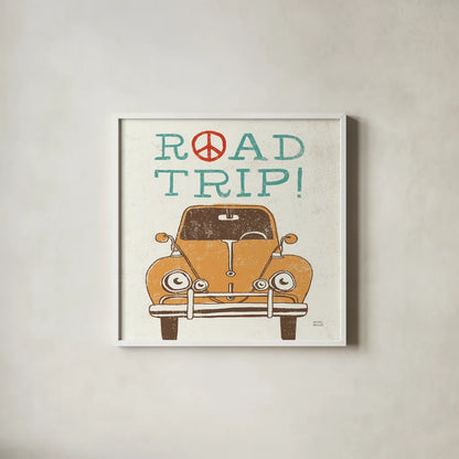 Road Trip Beetle Retro by Michael Mullan. Shown in a crisp white glass frame for a clean and minimalist style. Available as an archival giclee rolled canvas, fine art paper, or poster print. SKU 32587a.